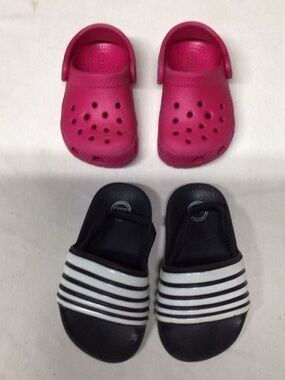 CROCS Kids Hot Pink Clogs & Black White Striped Slides Combo